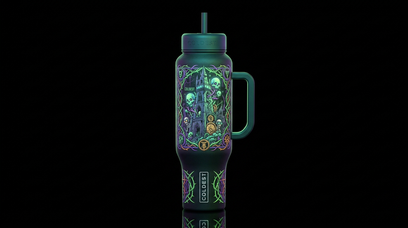 dystopian tales from the crypt Gothic, glowie, whi... water bottle design