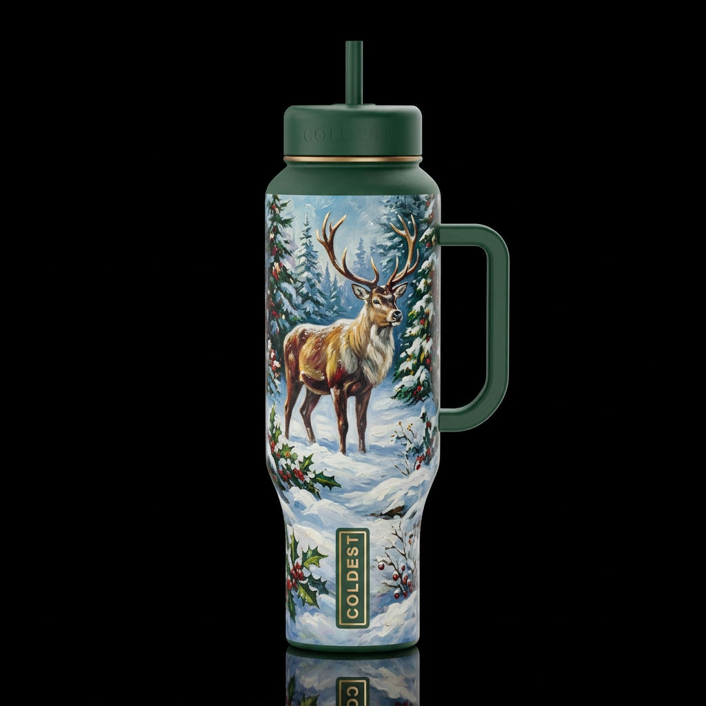 a winter reindeer's Christmas holiday landscape wi... water bottle design