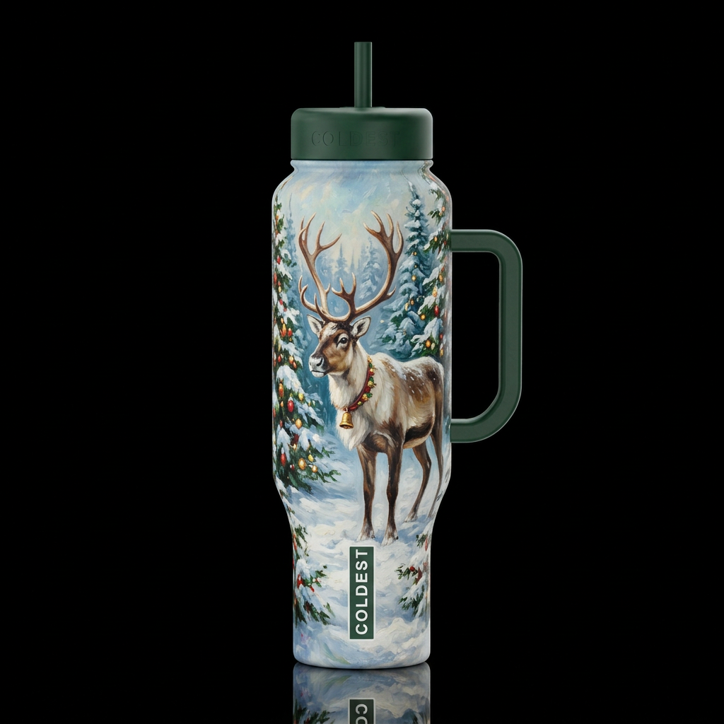 a winter reindeer's Christmas holiday landscape wi... water bottle design