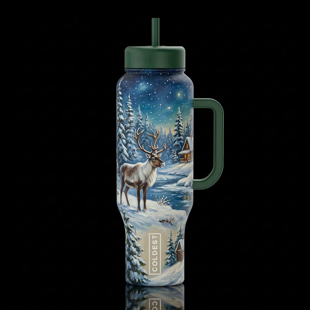 a winter reindeer's Christmas holiday landscape wi... water bottle design