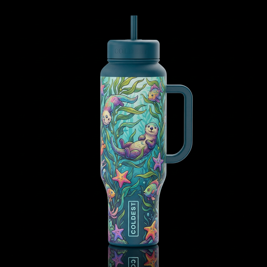 kelp forest star fish sea otters, vibrant, whimsic... water bottle design