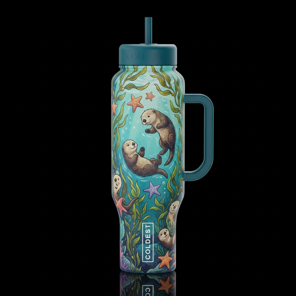 kelp forest star fish sea otters, vibrant, whimsic... water bottle design