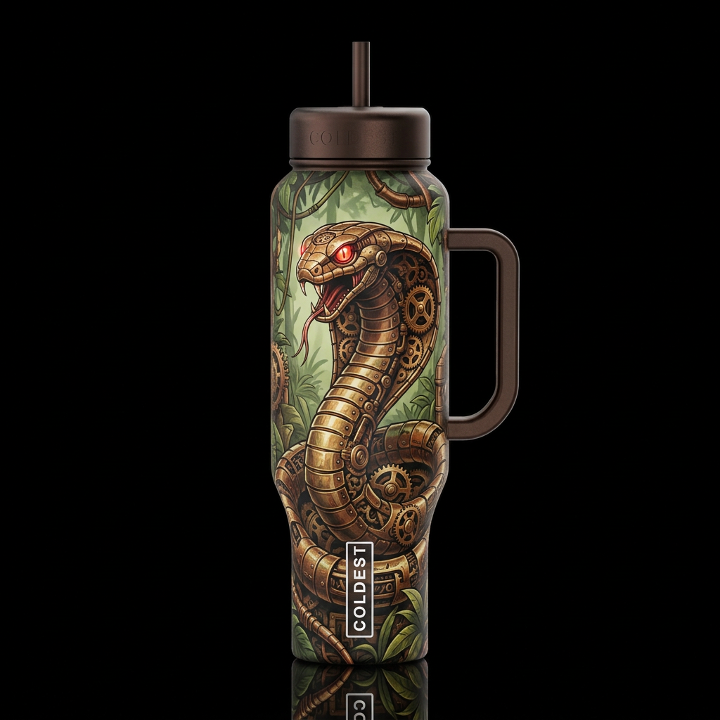 clockpunk steampunk cobra snake with red glowie ey... water bottle design