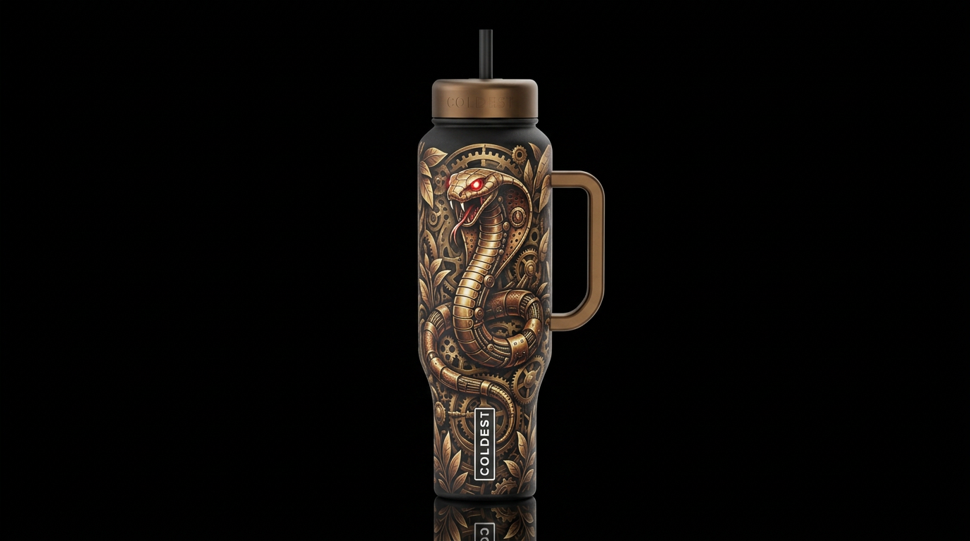 clockpunk steampunk cobra snake with red glowie ey... water bottle design