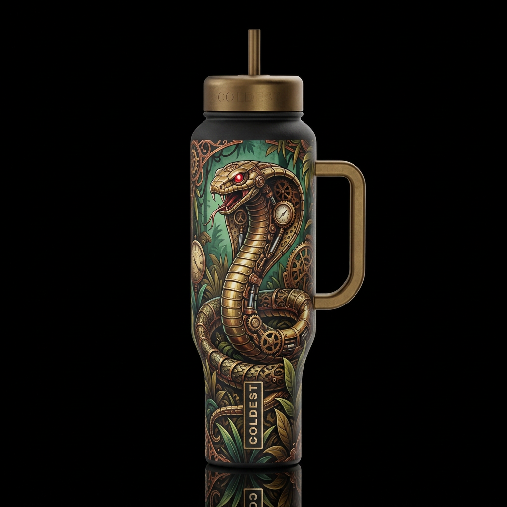 clockpunk steampunk cobra snake with red glowie ey... water bottle design