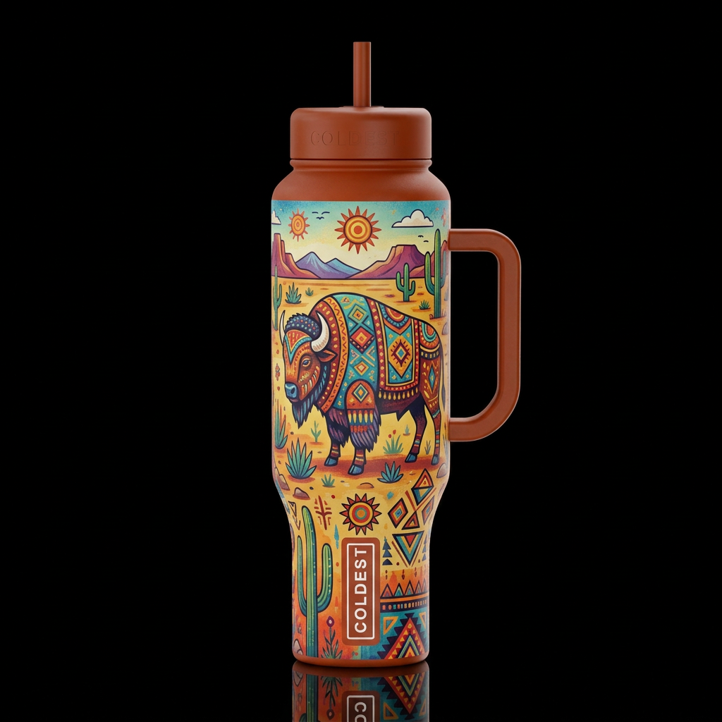 colorful whimsical, folk art, southern desert land... water bottle design