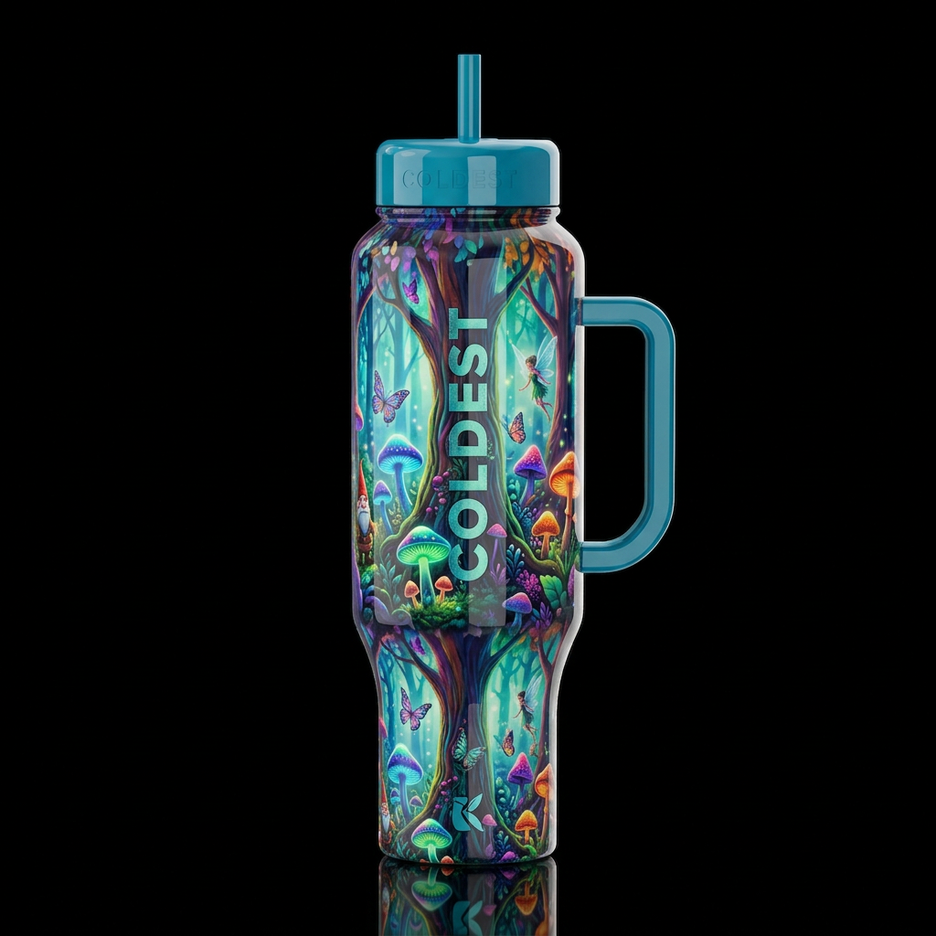 whimsical, magical colorful glowie mushroom forest... water bottle design
