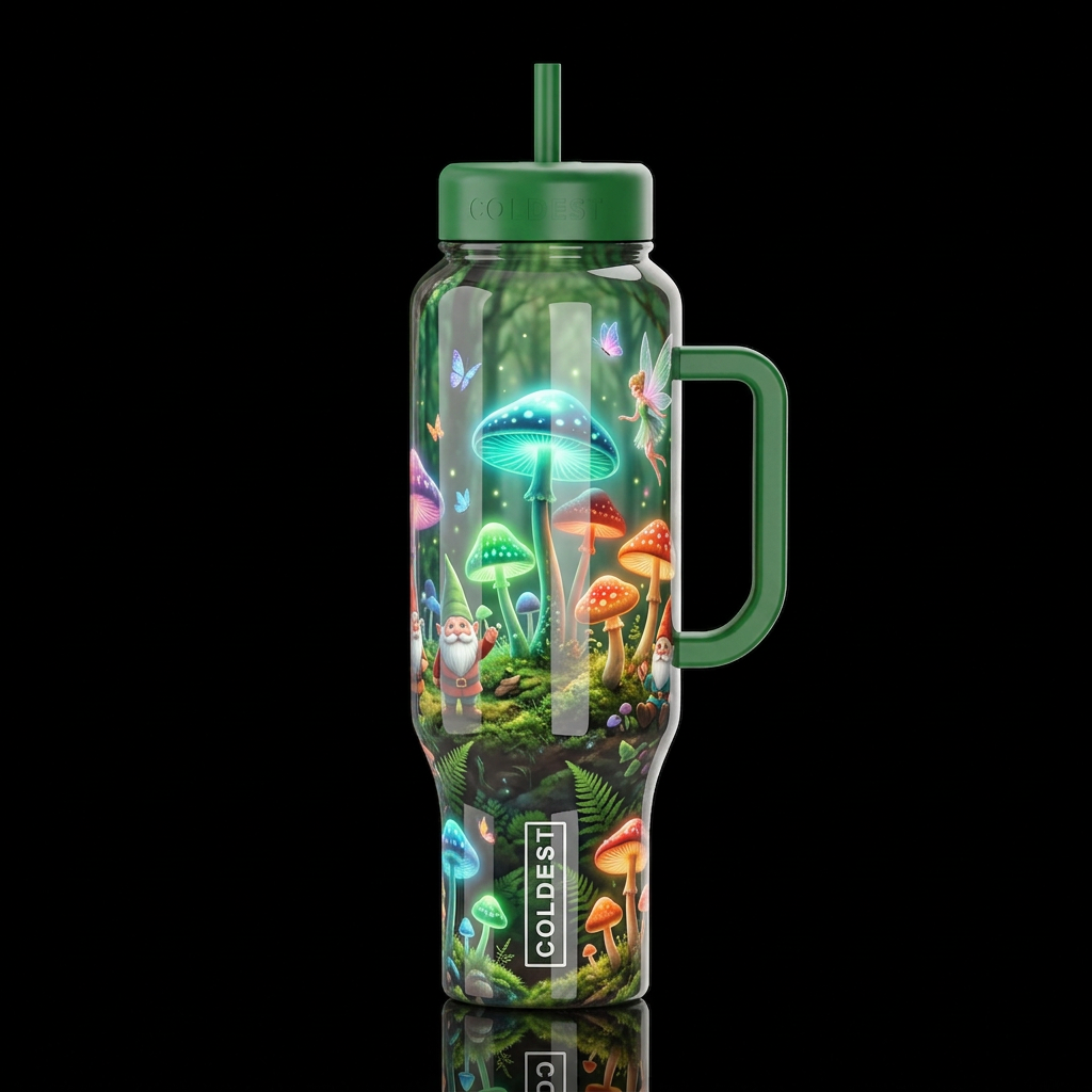 whimsical, magical colorful glowie mushroom forest... water bottle design