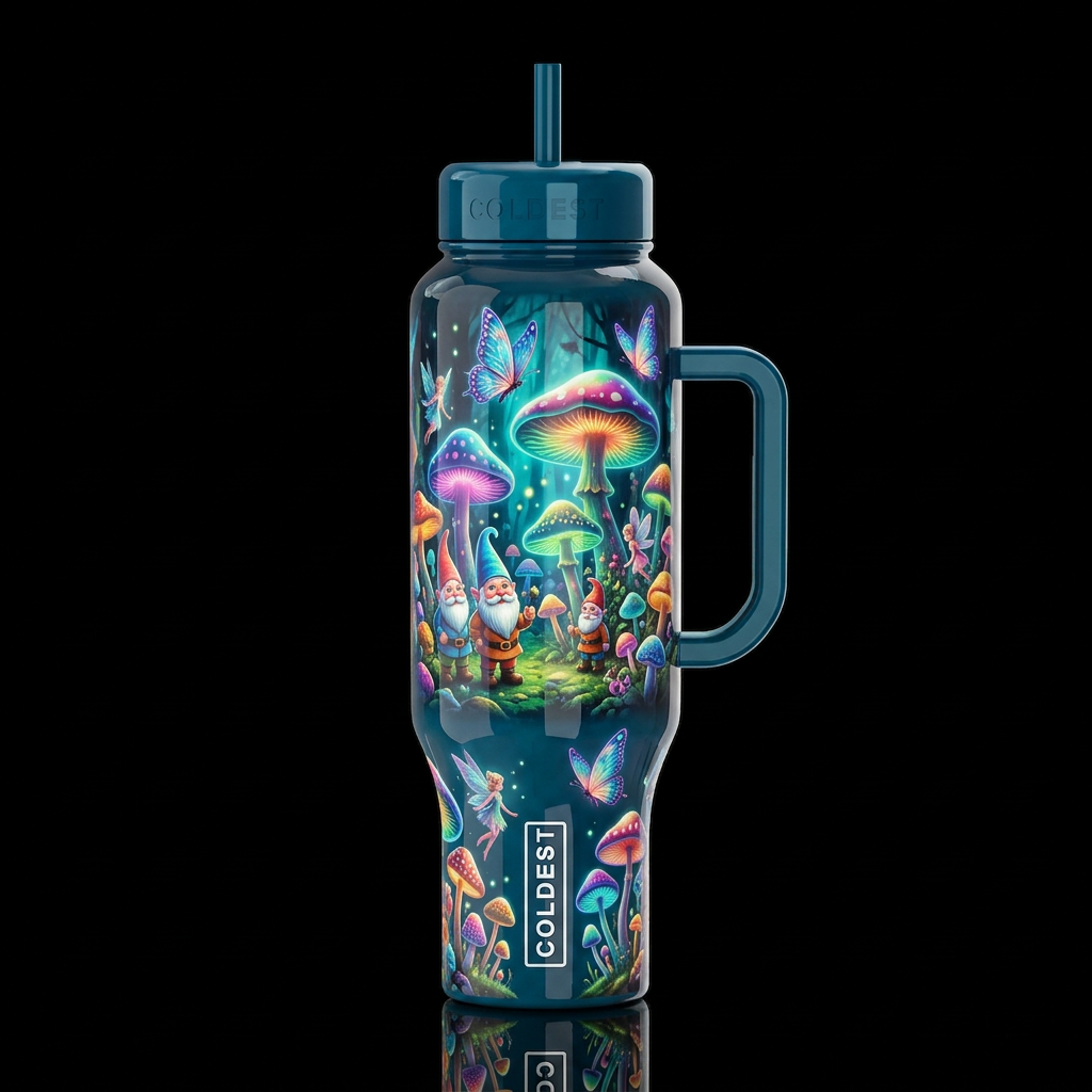 whimsical, magical colorful glowie mushroom forest... water bottle design