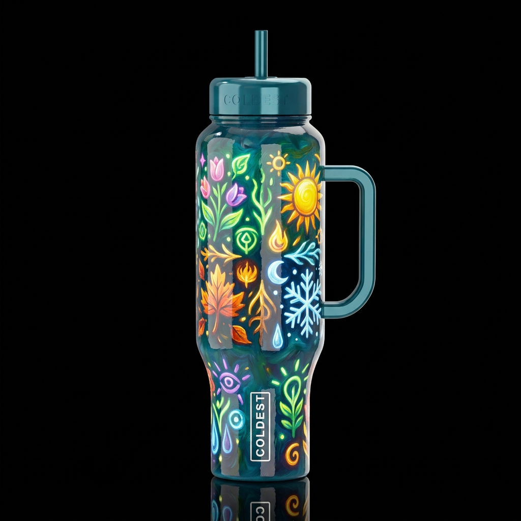 colorful winter spring summer fall solstice, magic... water bottle design