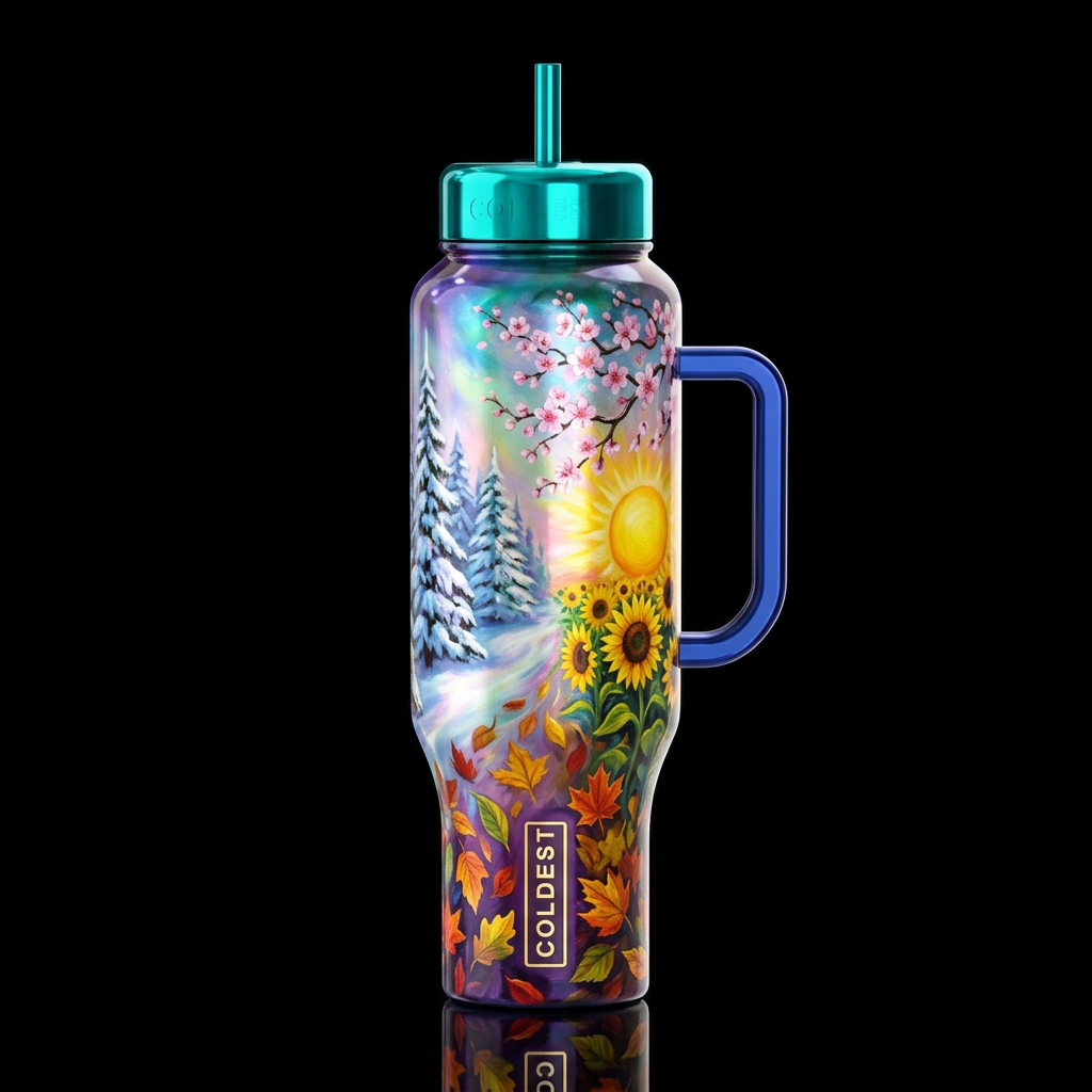 colorful winter spring summer fall solstice, magic... water bottle design
