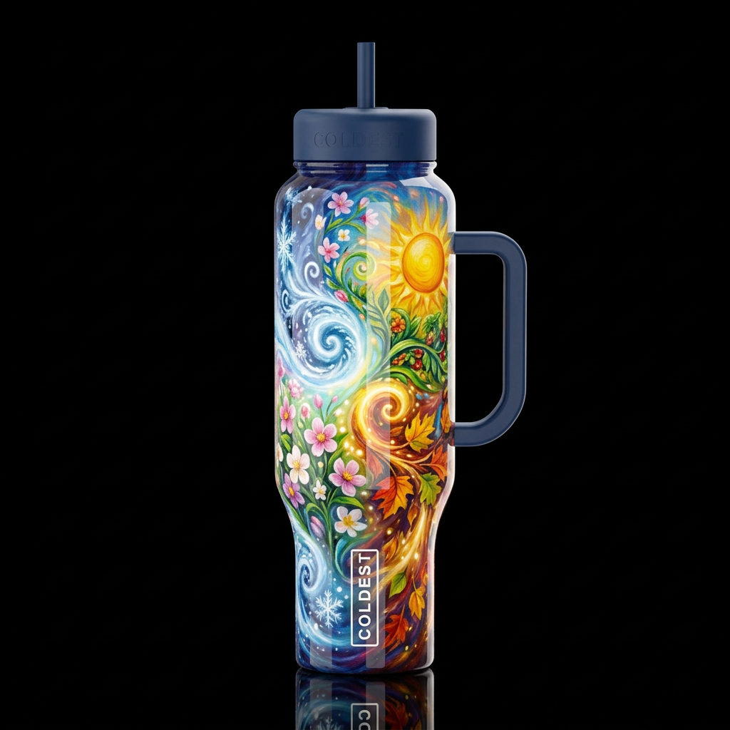 colorful winter spring summer fall solstice, magic... water bottle design