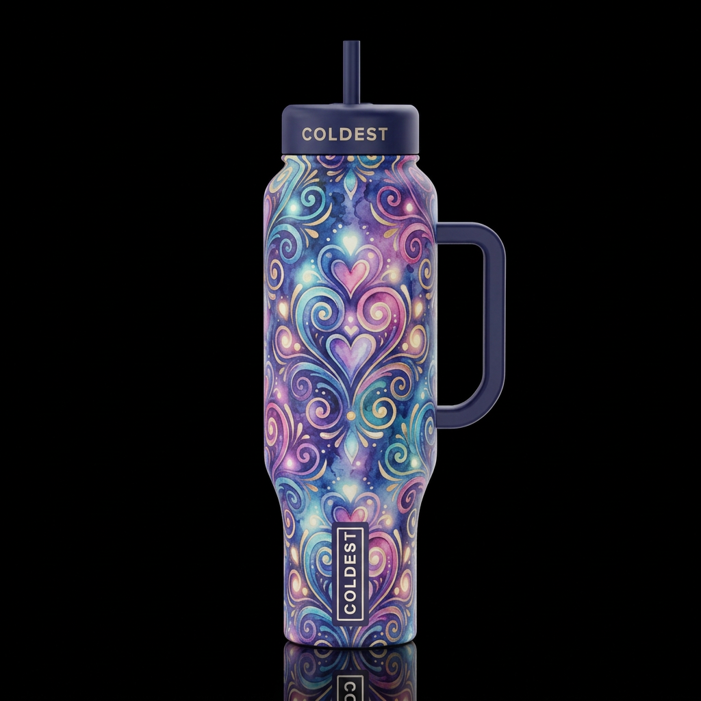 damask, whimsical spiral swirls hearts dream glowi... water bottle design
