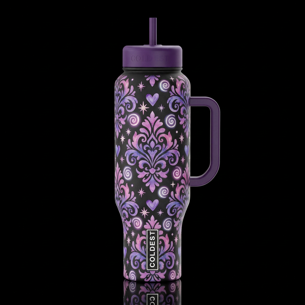damask, whimsical spiral swirls hearts dream glowi... water bottle design