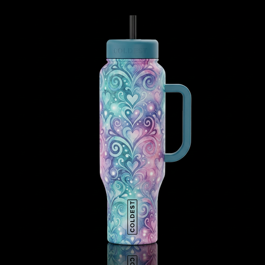 damask, whimsical spiral swirls hearts dream glowi... water bottle design