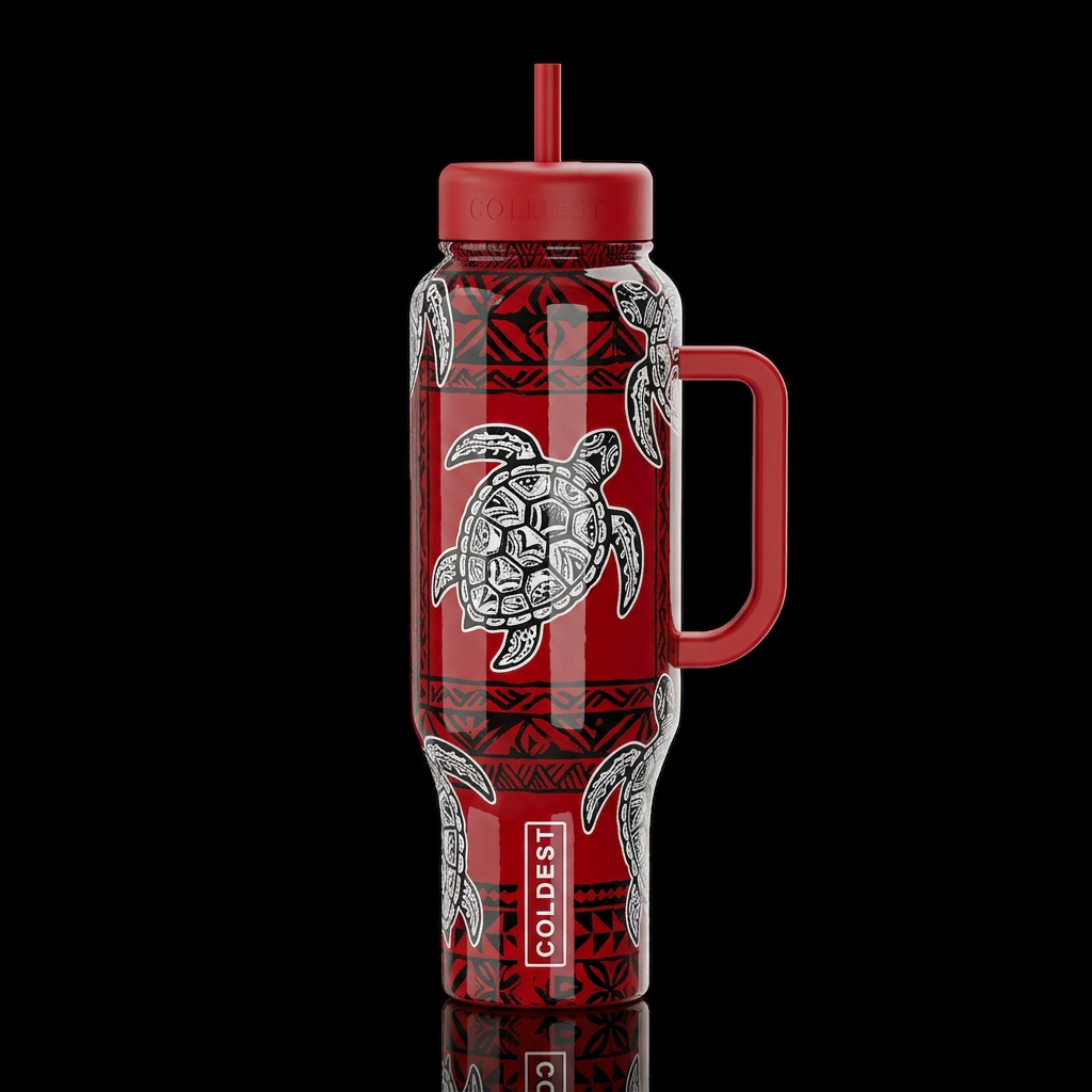 Tongan Ngatu cloth turtle black and white on a red... water bottle design