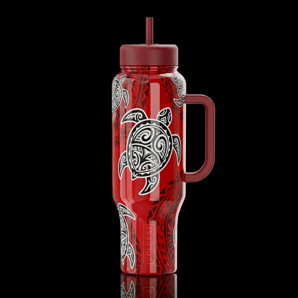 Tongan Ngatu cloth turtle black and white on a red... water bottle design