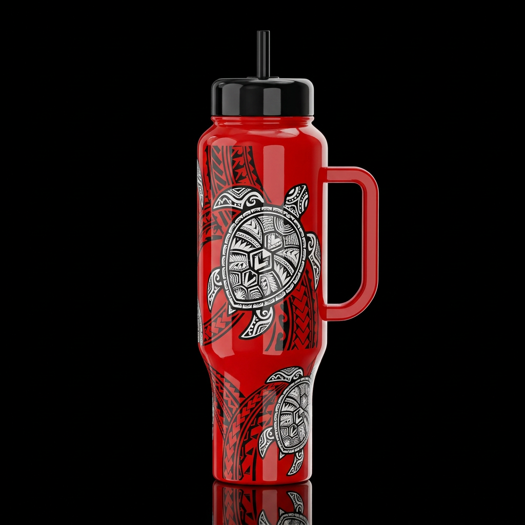 Tongan Ngatu cloth turtle black and white on a red... water bottle design