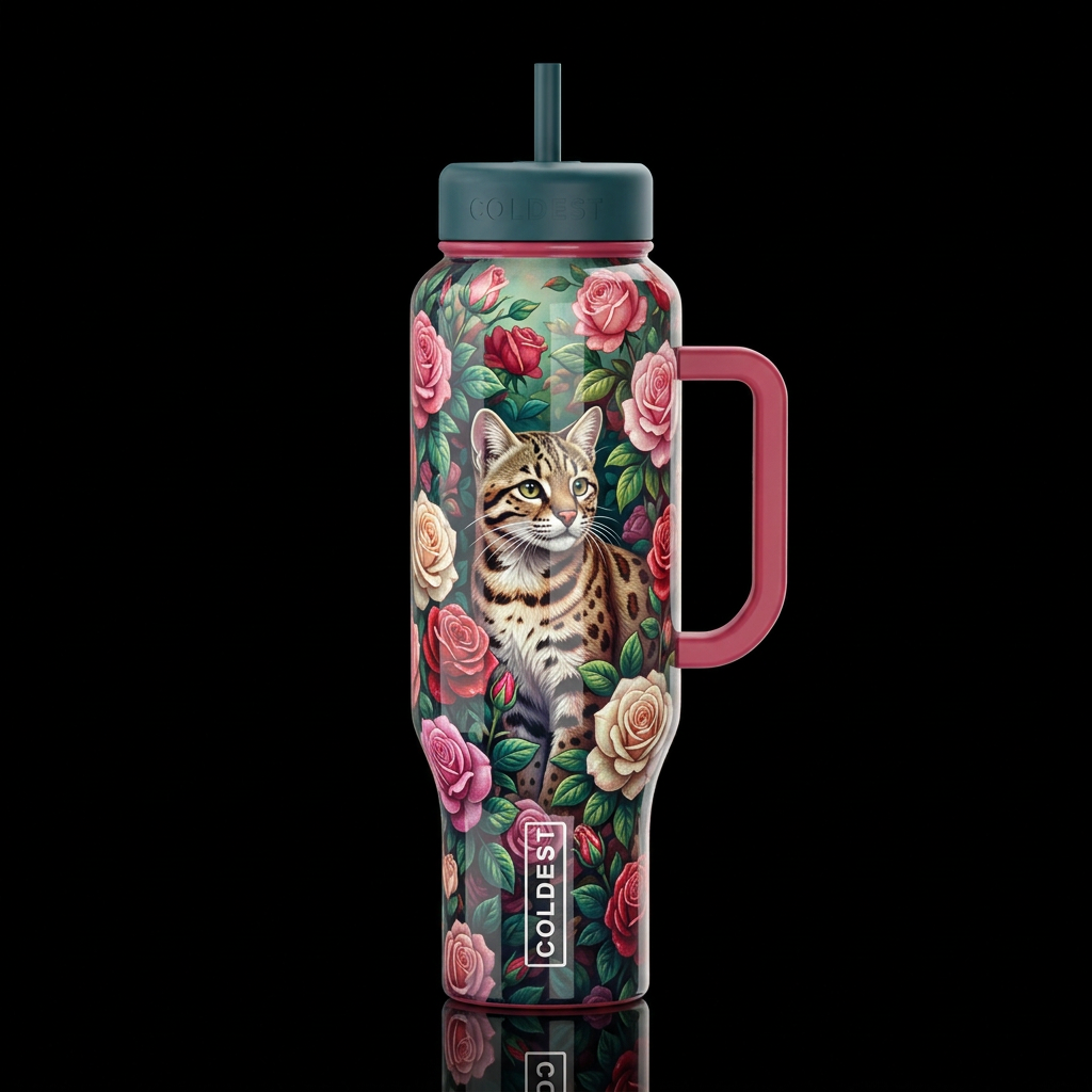 Andean mountain cat,, rose garden, whimsical, glow... water bottle design