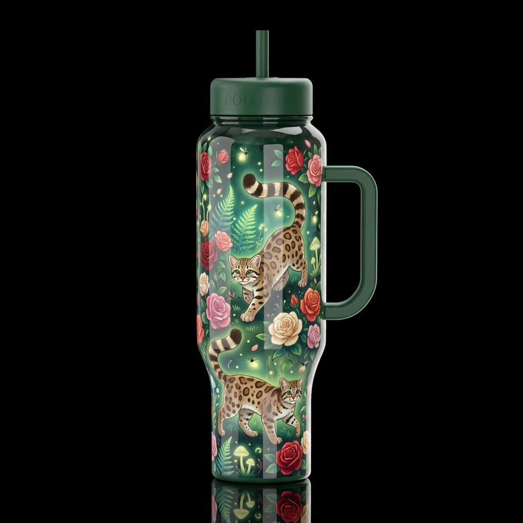Andean mountain cat,, rose garden, whimsical, glow... water bottle design