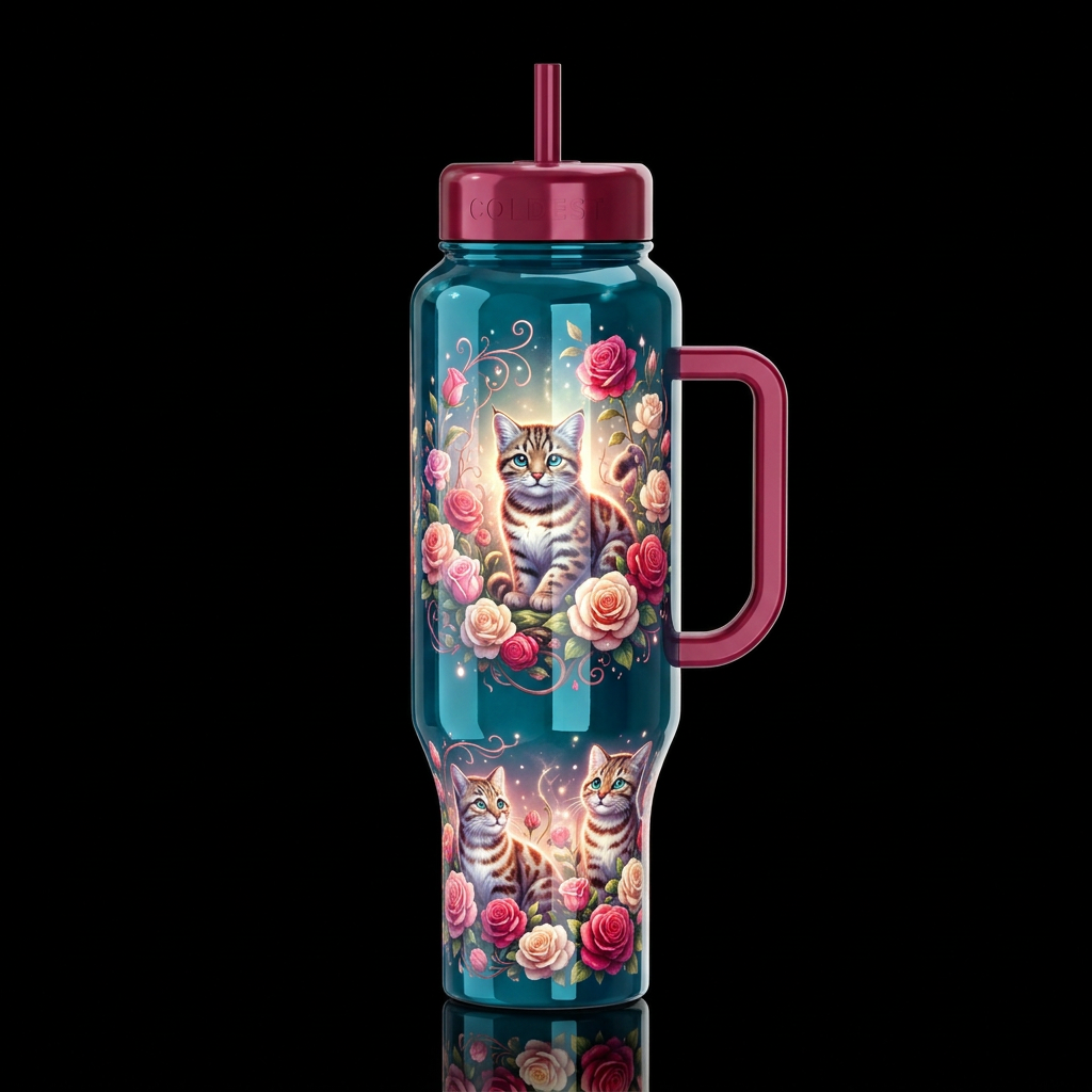Andean mountain cat,, rose garden, whimsical, glow... water bottle design