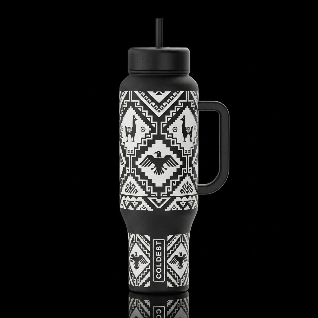 Incan symbols Andean textile pattern black and whi... water bottle design