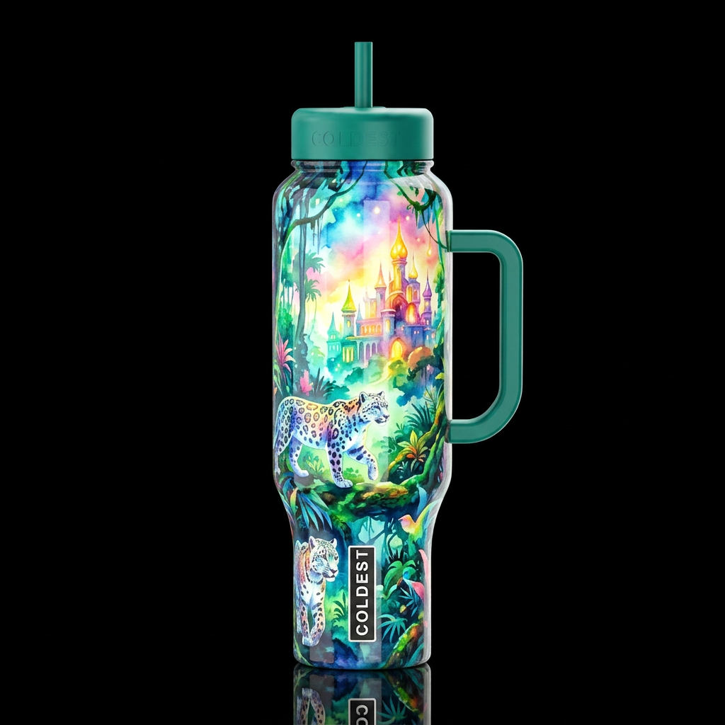 glowie colorful sky kingdom, snow leopard, jungle ... water bottle design