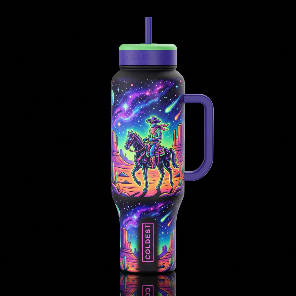 psychedelic sci-fi  space cowboy, whimsical sci-fi... water bottle design