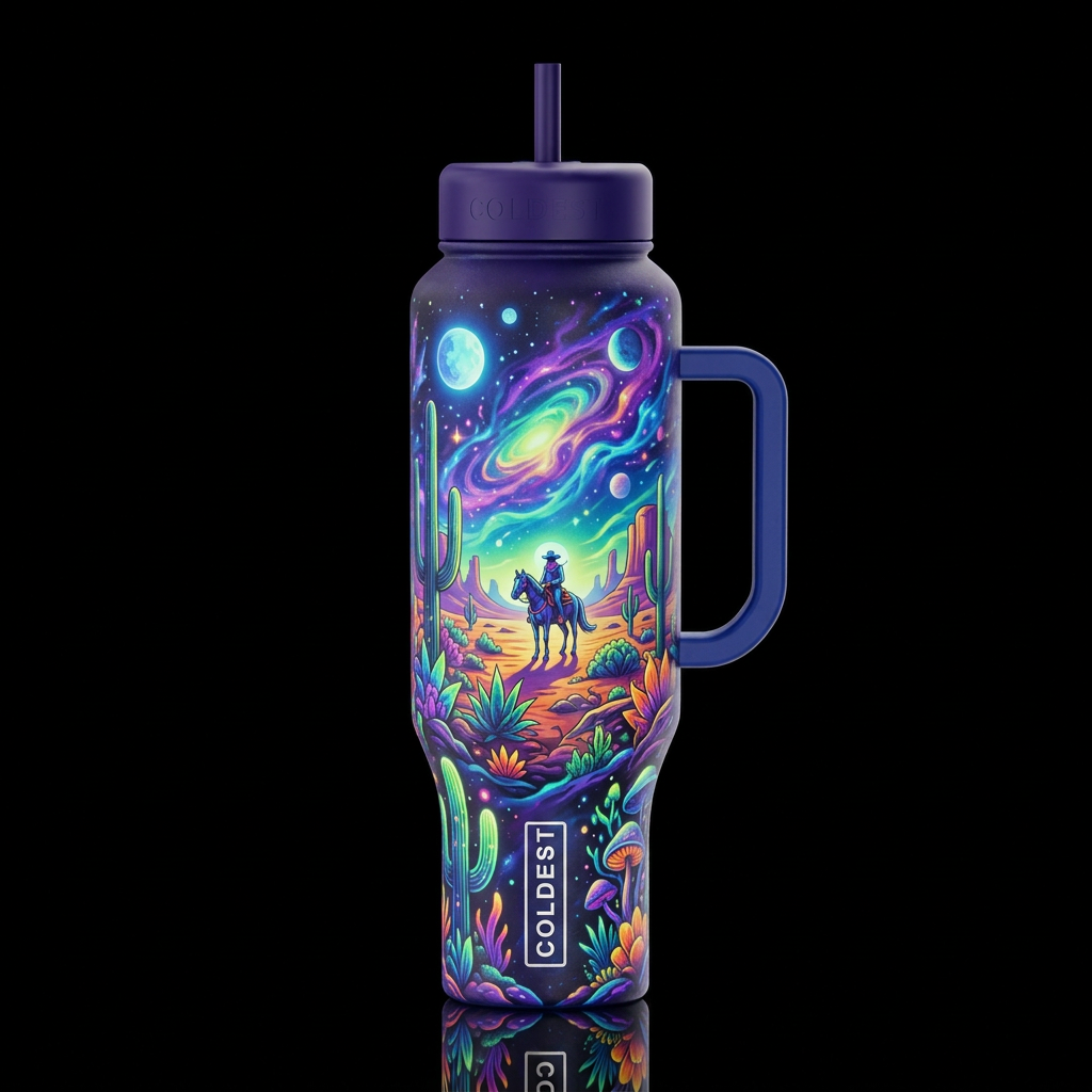 psychedelic sci-fi  space cowboy, whimsical sci-fi... water bottle design
