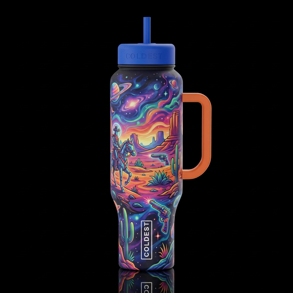 psychedelic sci-fi  space cowboy, whimsical sci-fi... water bottle design