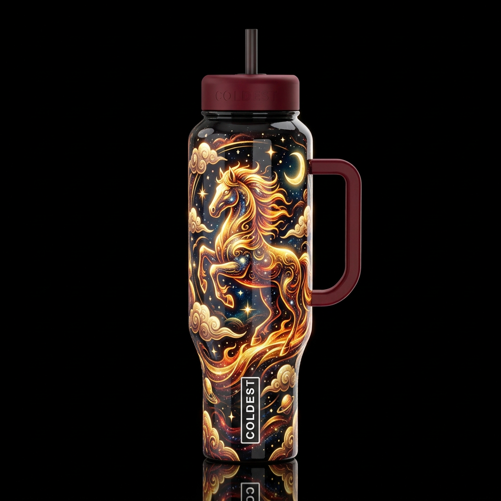 lunar new year fire Gold cosmic zodiac horse with ... water bottle design