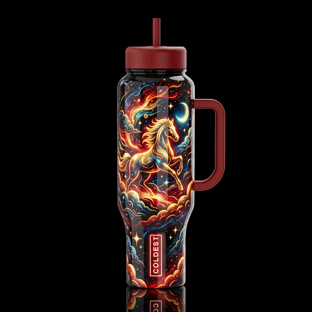 lunar new year fire Gold cosmic zodiac horse with ... water bottle design