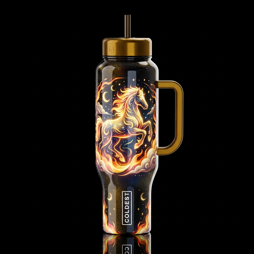 lunar new year fire Gold cosmic zodiac horse with ... water bottle design
