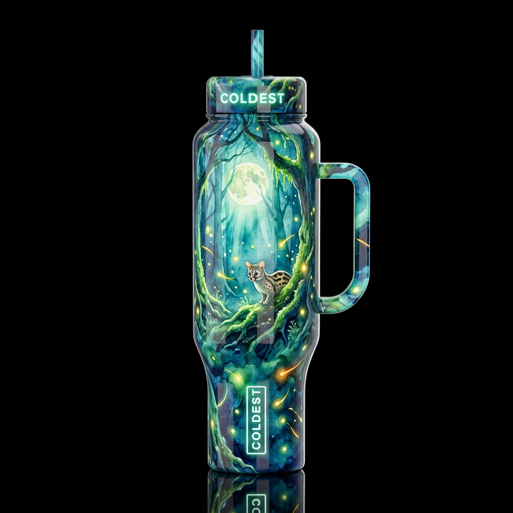 Genet in a enchanted forest with firer fly's moon ... water bottle design