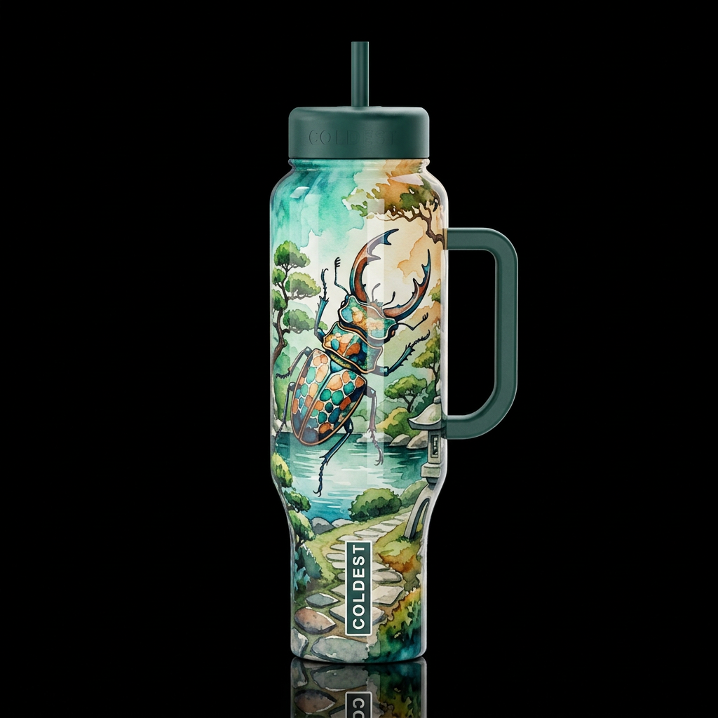 giant stag beetle colorful calm zen lake and Bonsa... water bottle design