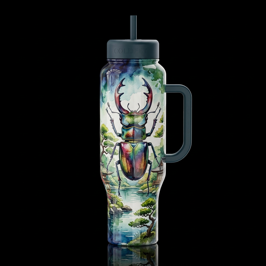 giant stag beetle colorful calm zen lake and Bonsa... water bottle design