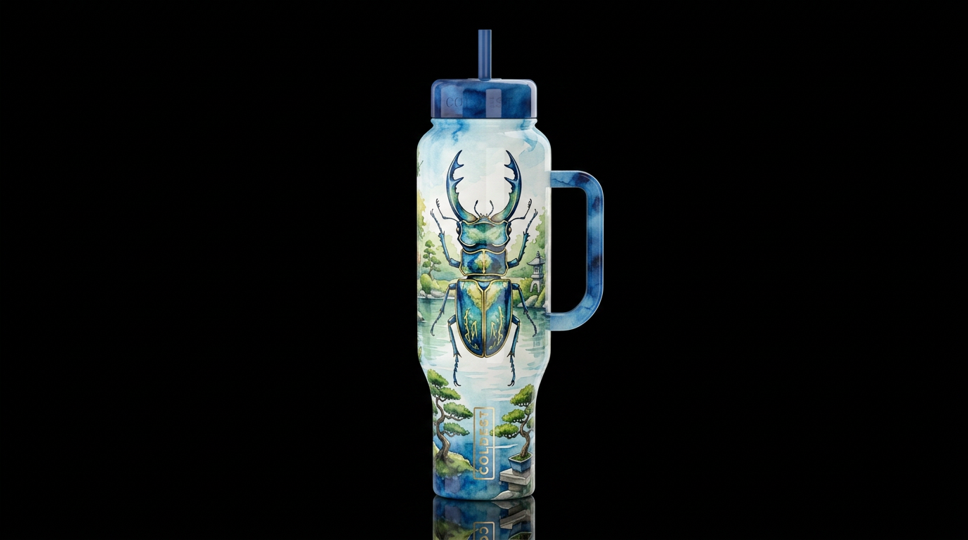 giant stag beetle colorful calm zen lake and Bonsa... water bottle design