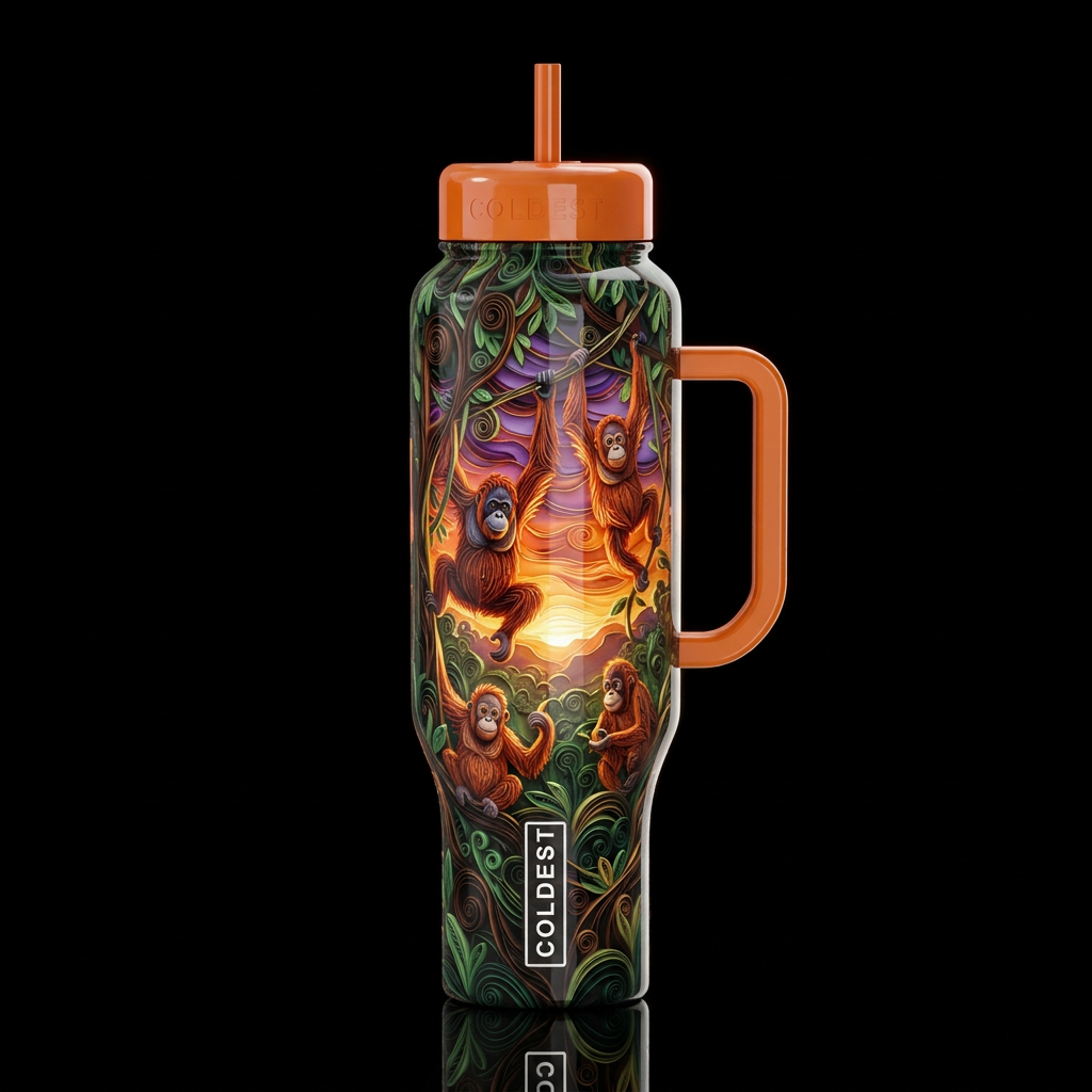 Quilled, orangutans in the rain forest at sunset, ... water bottle design