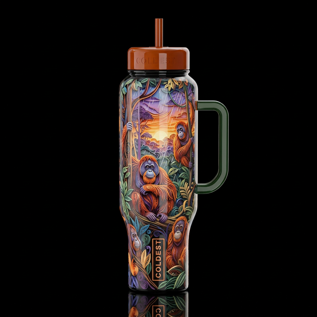 Quilled, orangutans in the rain forest at sunset, ... water bottle design