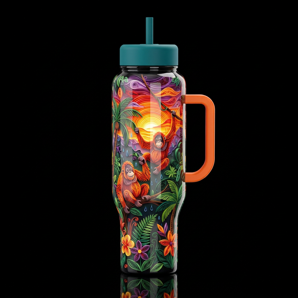 Quilled, orangutans in the rain forest at sunset, ... water bottle design