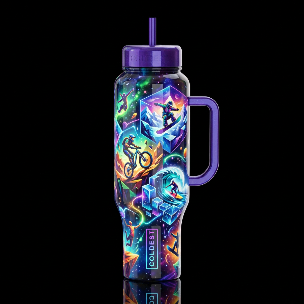 colorful multiverse abstract cubist, extreme sport... water bottle design