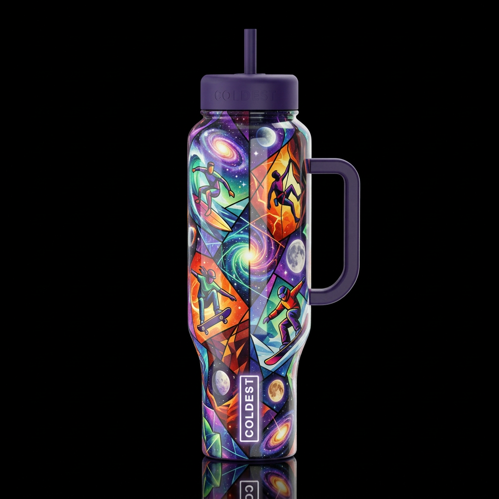 colorful multiverse abstract cubist, extreme sport... water bottle design