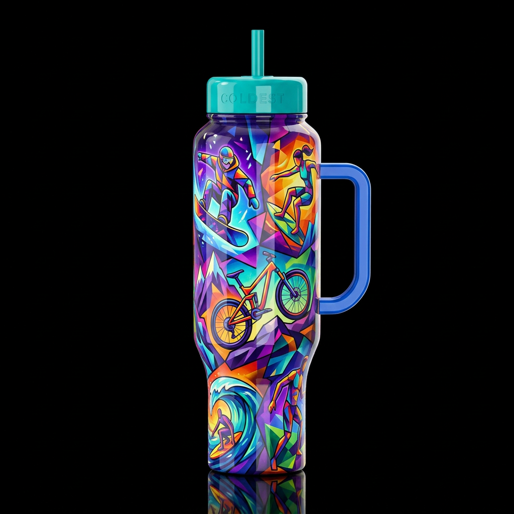 colorful multiverse abstract cubist, extreme sport... water bottle design
