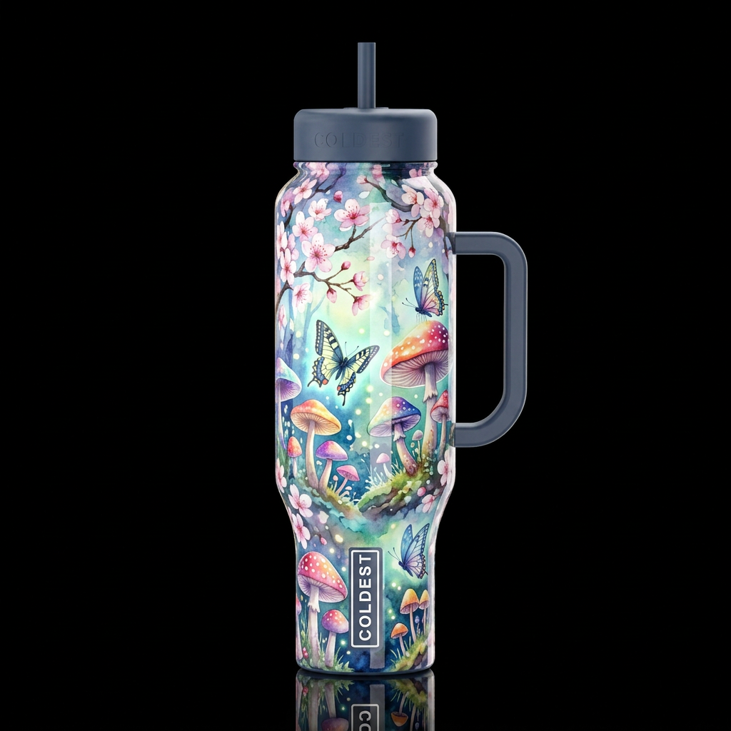 colorful Japanese, cherry blossoms  mushroom fores... water bottle design