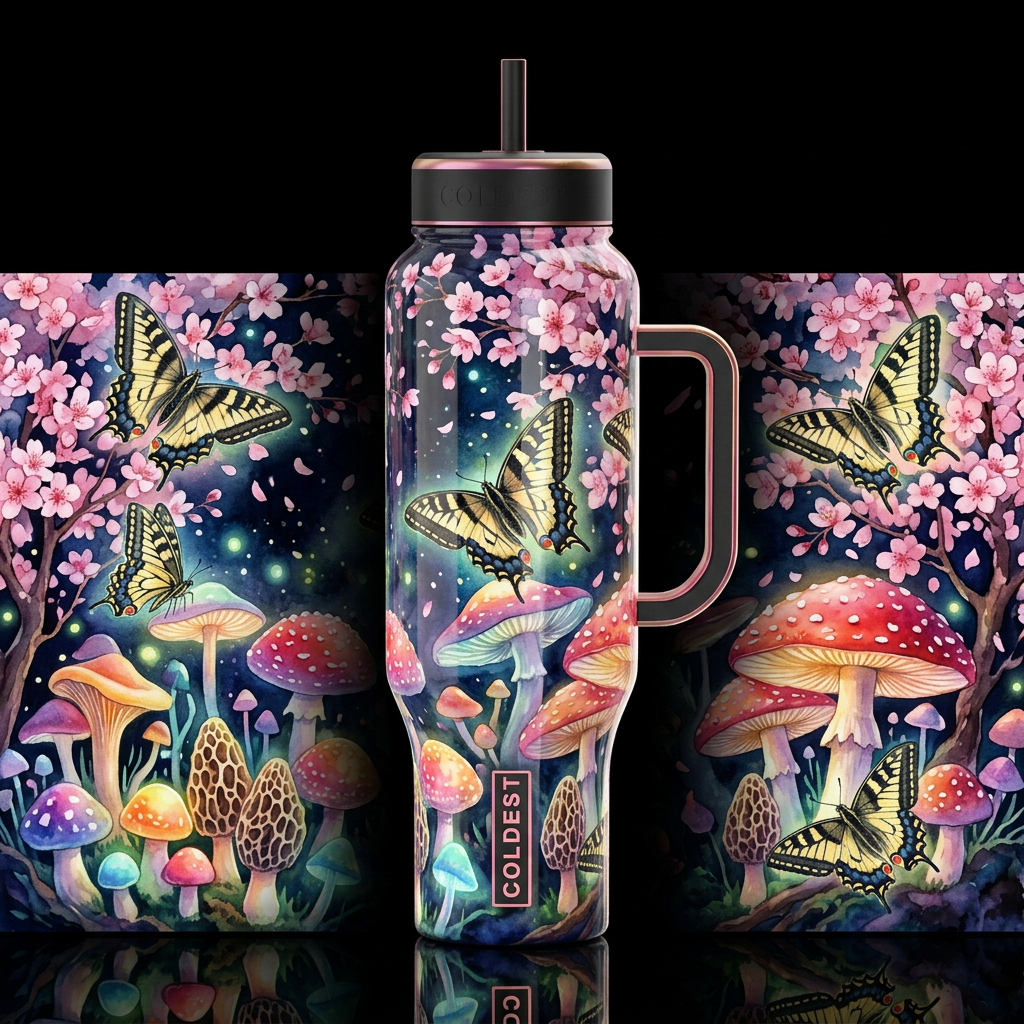 colorful Japanese, cherry blossoms  mushroom fores... water bottle design
