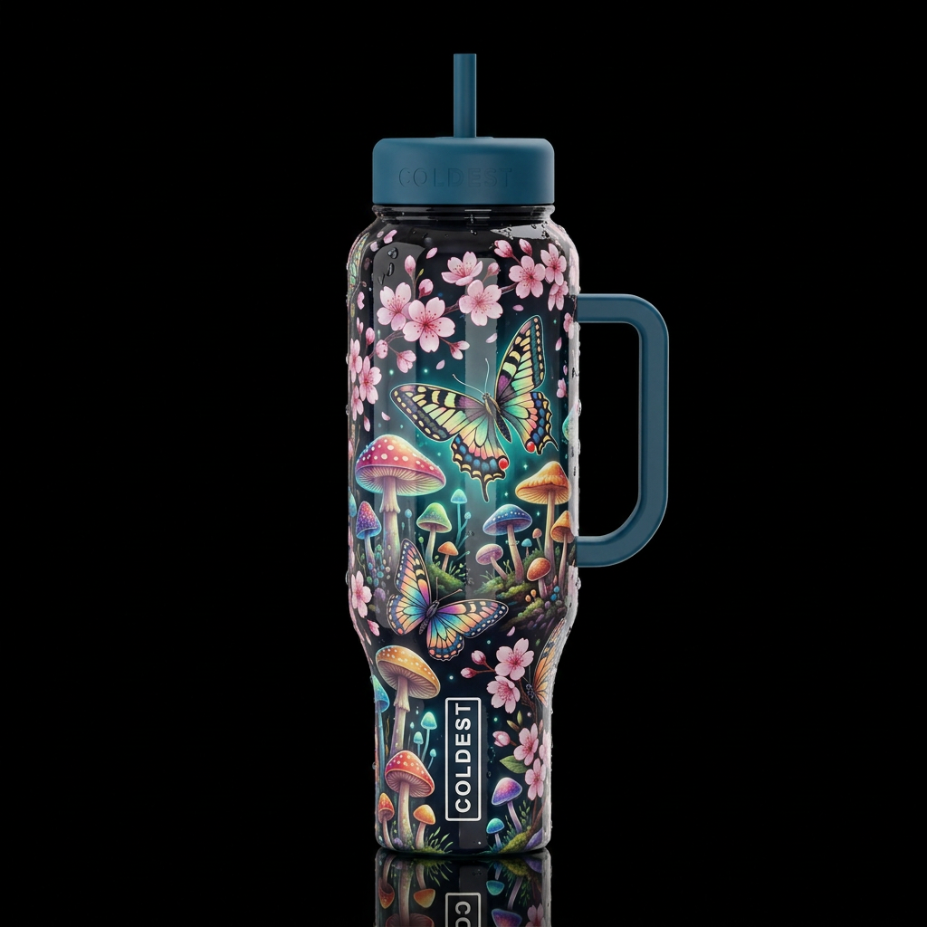 colorful Japanese, cherry blossoms  mushroom fores... water bottle design