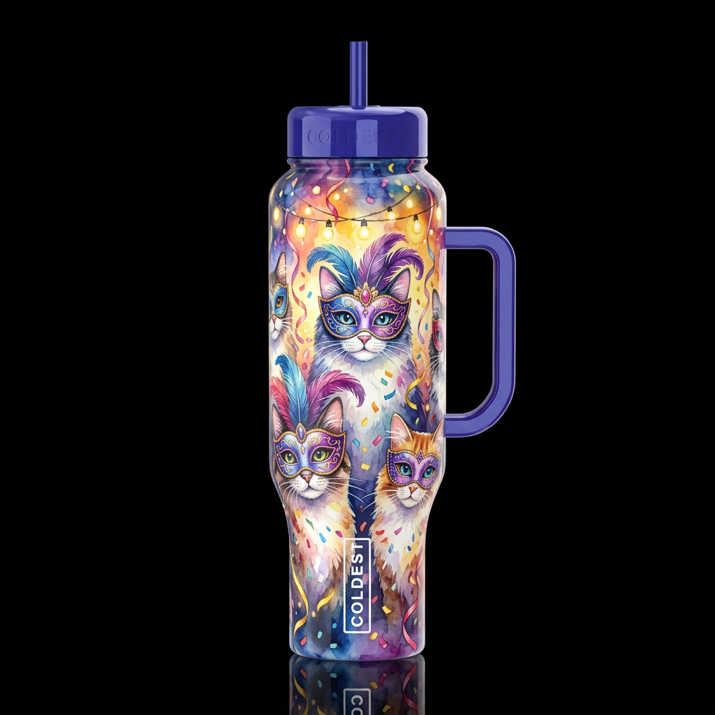 cats with Venetian masquerade mask  at a party col... water bottle design