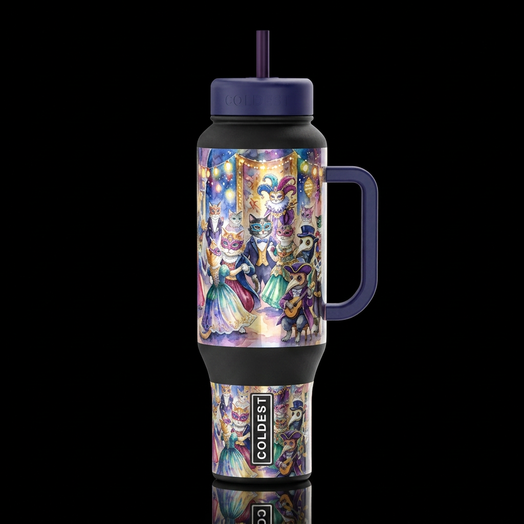 cats with Venetian masquerade mask  at a party col... water bottle design