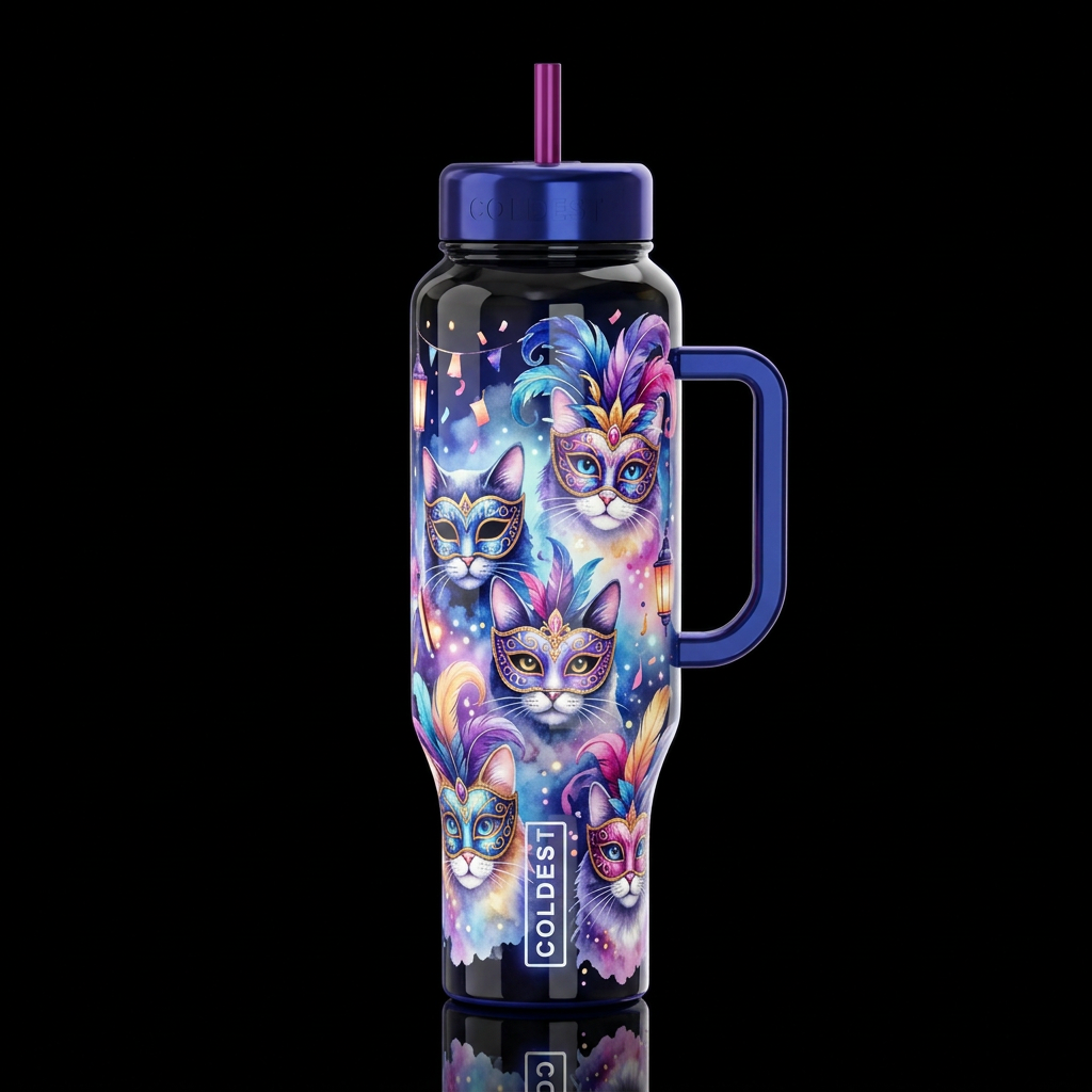 cats with Venetian masquerade mask  at a party col... water bottle design