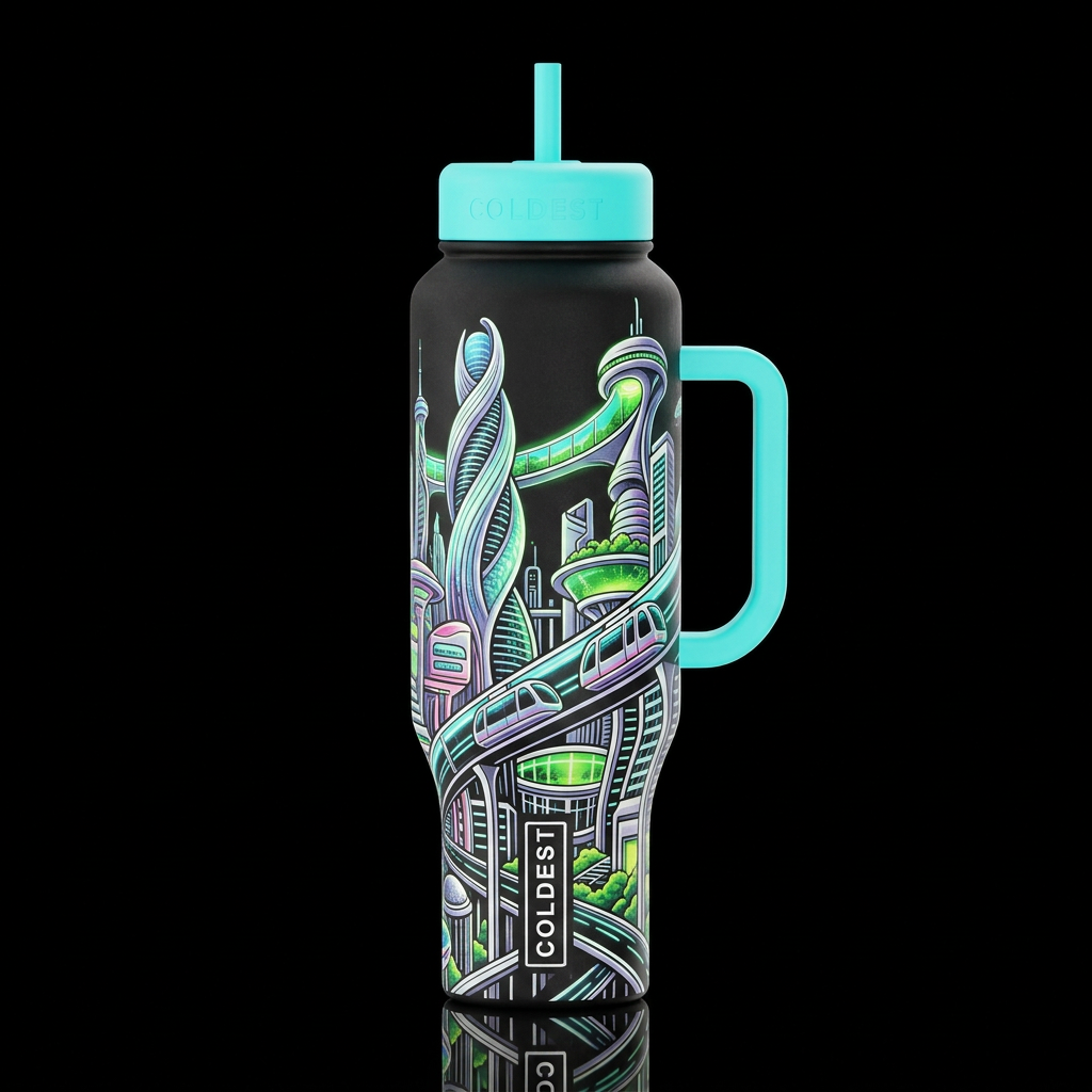 futuristic utopian city, whimsical surrealism blac... water bottle design